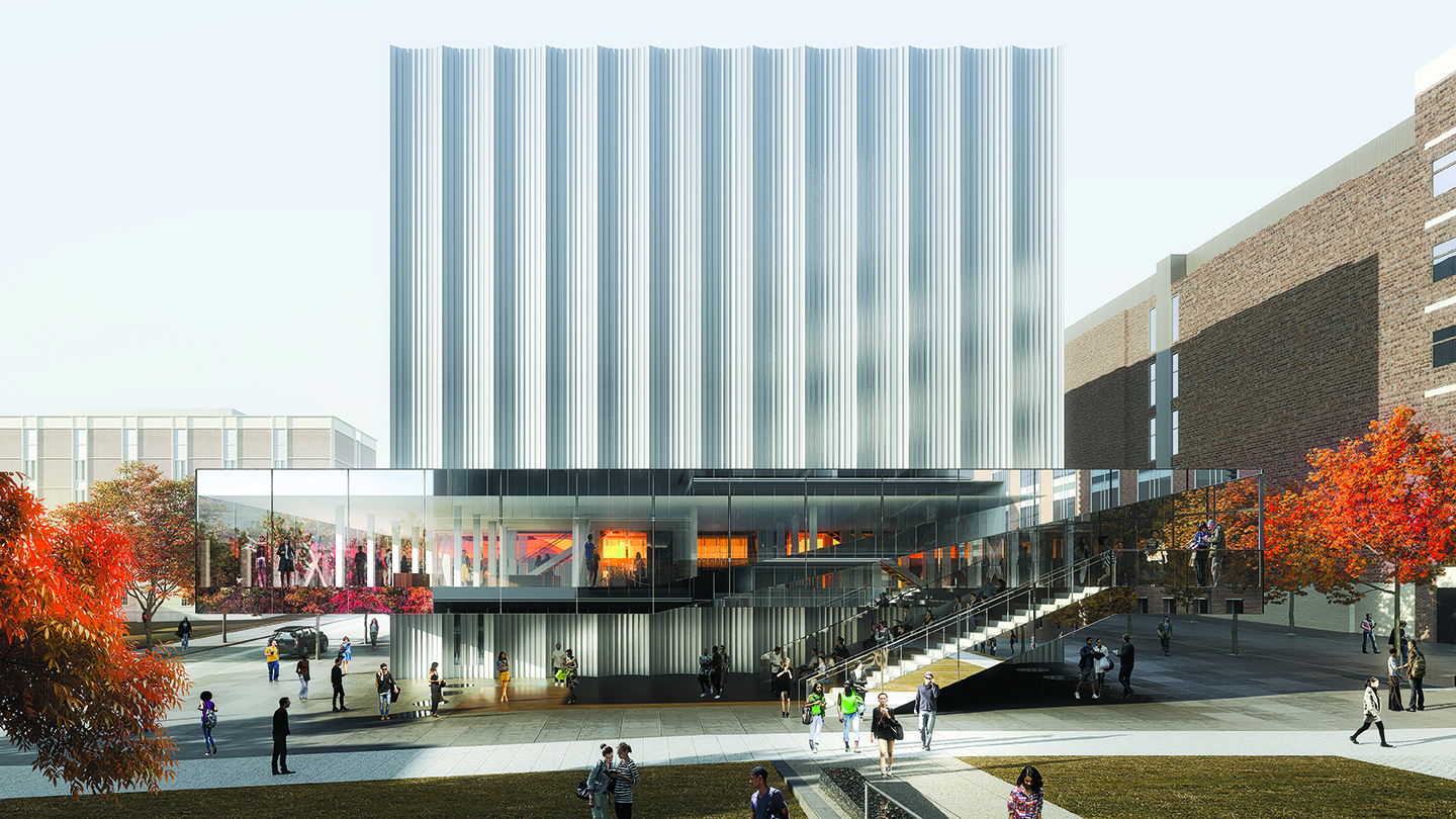 This conceptual rendering shows the future Lindemann Performing Arts Center as seen from the Granoff Center.