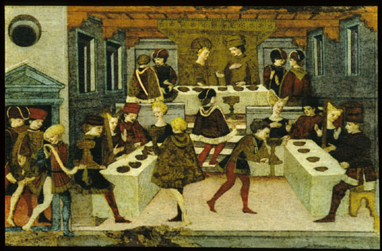 Cassone panel depicting a wedding banquet, thought to be of the story of Alatiel