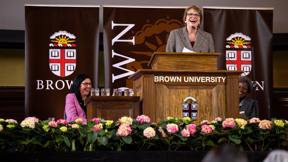 Sarah Latham and Christina Paxson on stage in Sayles Hall