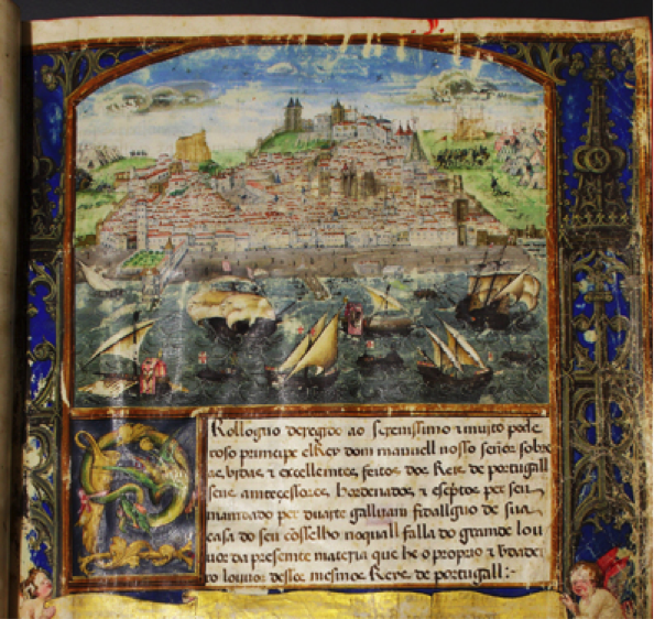 Fig. 3. António de Holanda. View of Lisbon in Crónica de D. Afonso Henriques de Duarte de Galvão. Illumination on parchment. © Museu-Biblioteca Condes de Castro Guimarães, Cascais. MCCG no. 14.