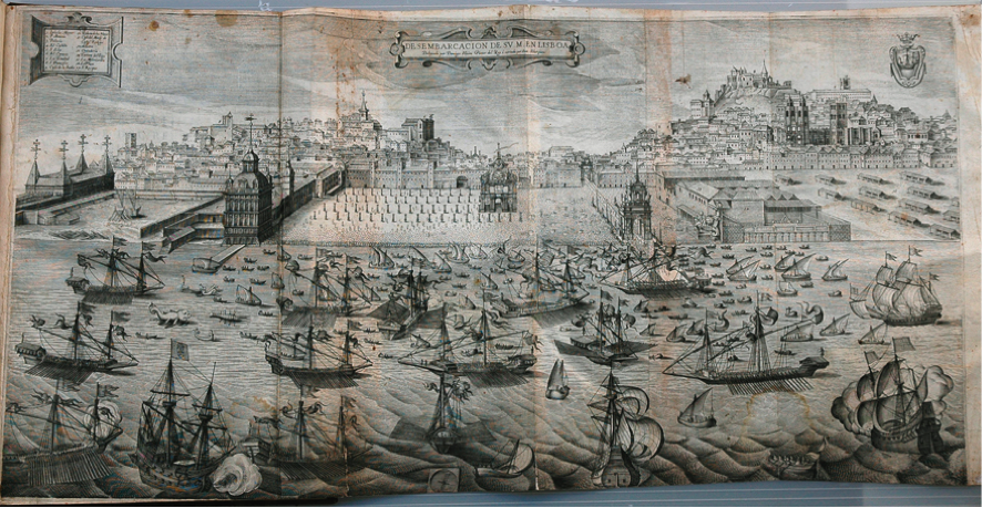 Fig. 6. “Landing of King Philip II of Spain in 1619,” in João Baptista Lavanha, Viagem da Catholica Real Majestade de Filipe II. Madrid. Engraving by Ioam Schorquens, after Domingos Vieira Serrão, 1622.