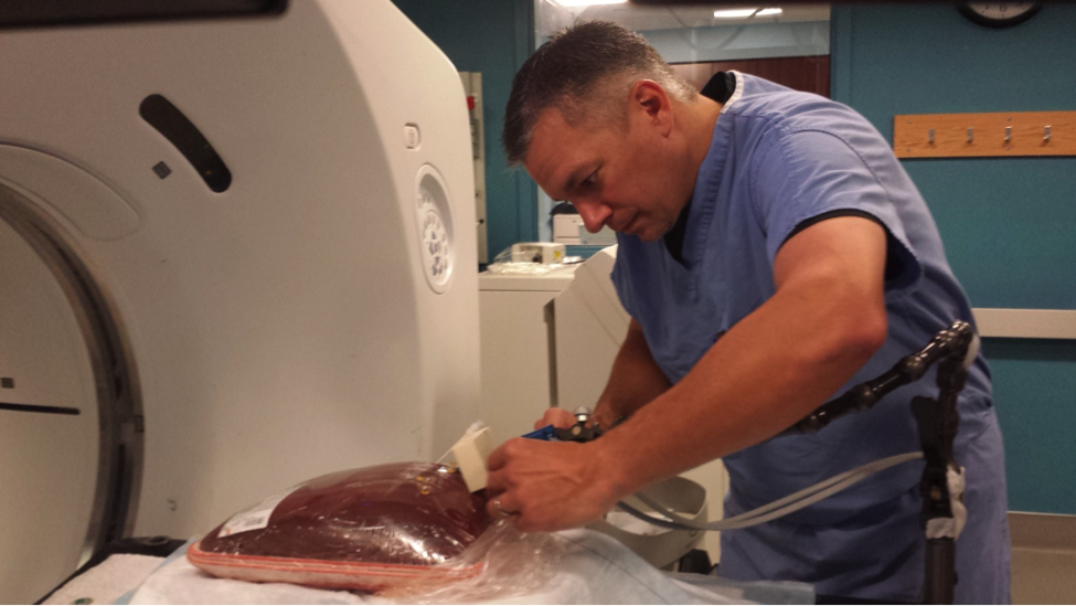 Collins inserting a needle in a cow liver