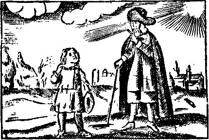 Etching of elder leading child.