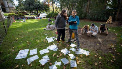 Students are exploring a new dig site on campus for the Archaeology of College Hill course. Photo by Nick Dentamaro.