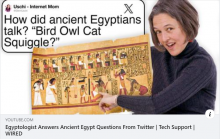 Image of Laurel Bestock holding document with Egyptian hieroglyphs printed on it