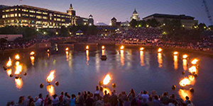 View of circle of torches in the basin of Waterplace Park in Providence, RI