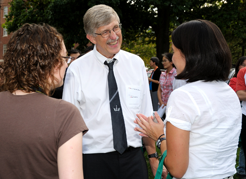 NIH Director speaking with NIH trainees