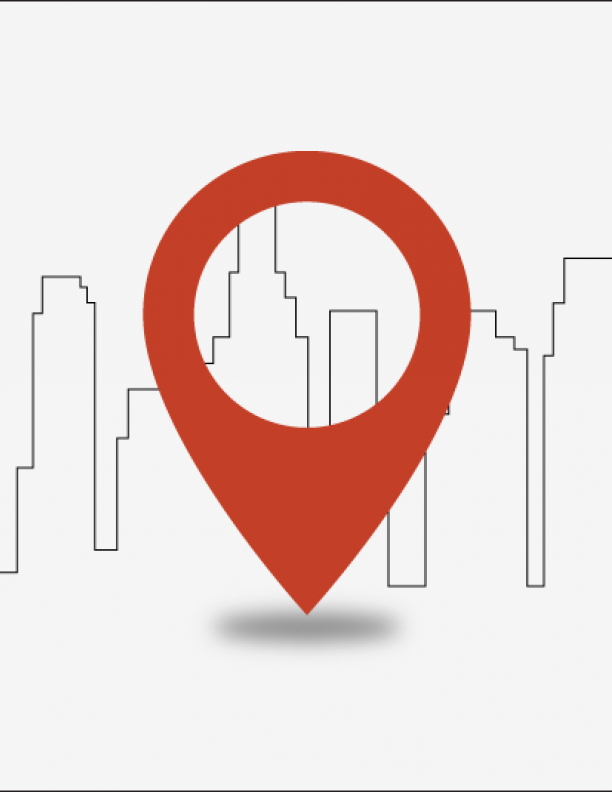 graphic of a city skyline with a google maps marker