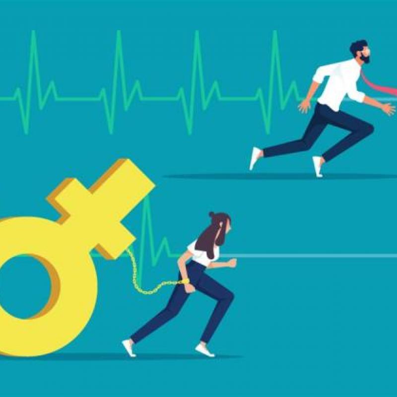 Man and woman running with ekg background, but woman is being held back