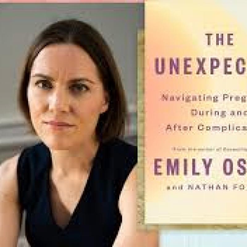 Headshot of Emily Oster next to an image of the cover of her new book