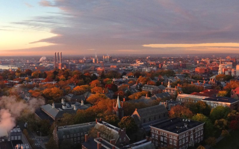 Aerial view of campus at sunrise