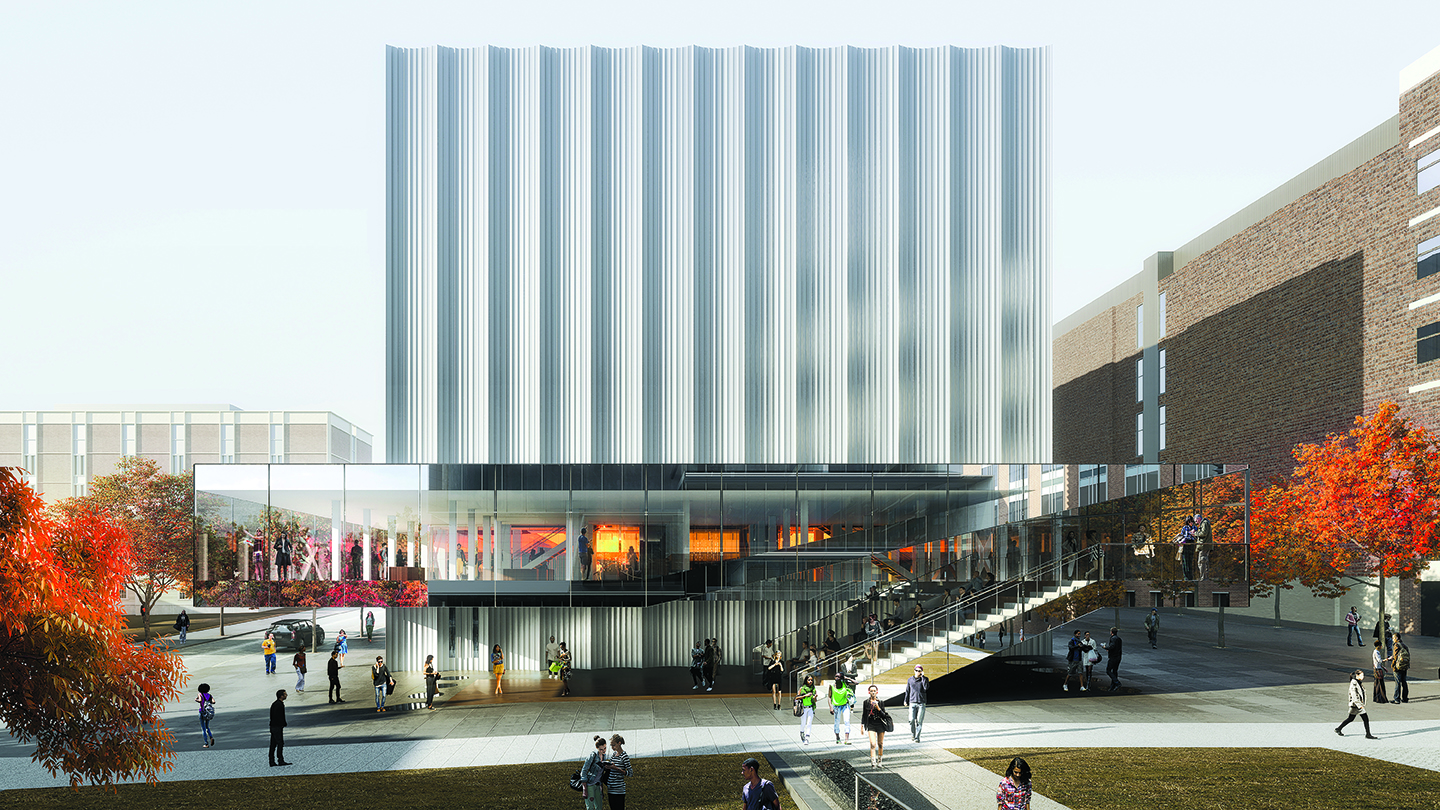 This conceptual rendering shows the future Lindemann Performing Arts Center as seen from the Granoff Center.