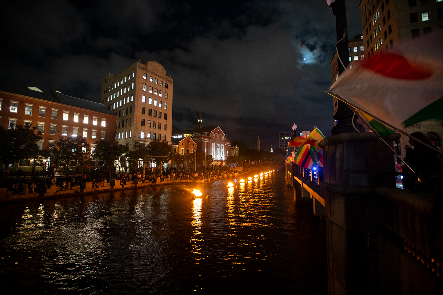 waterfire showing crowds on both shores