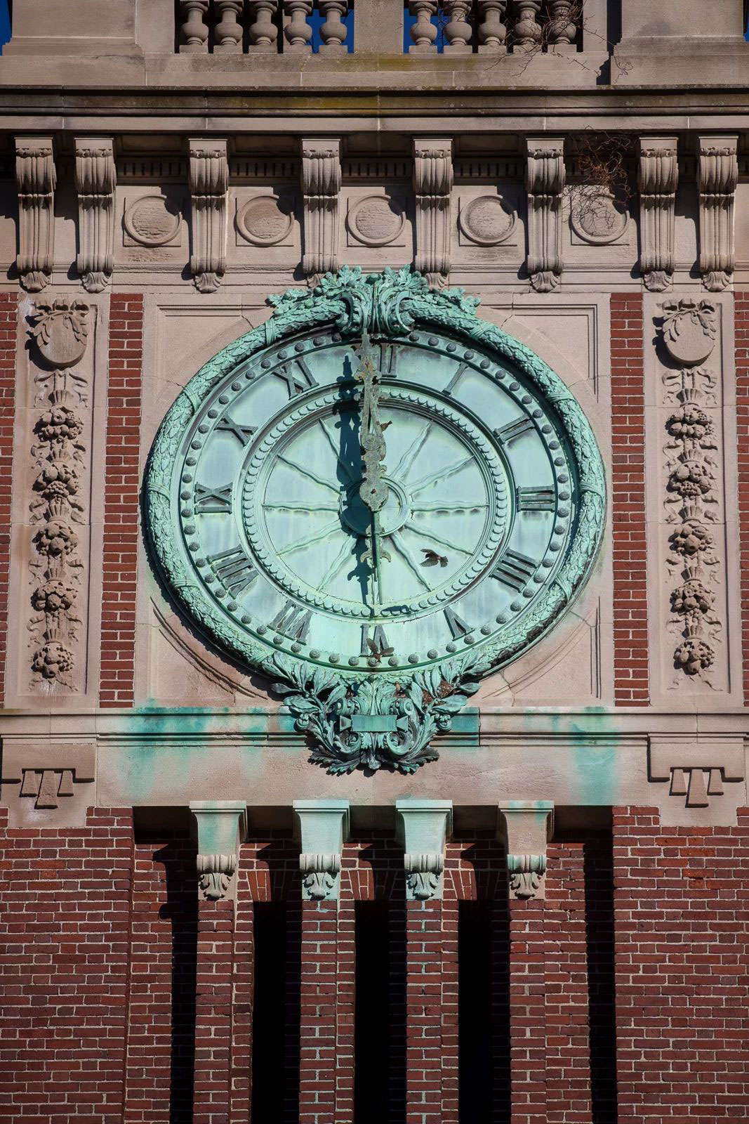 A closeup shows one of the tower's clock faces