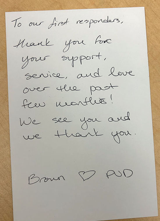 a hand-written thank you note acknowledging the city's first responders 