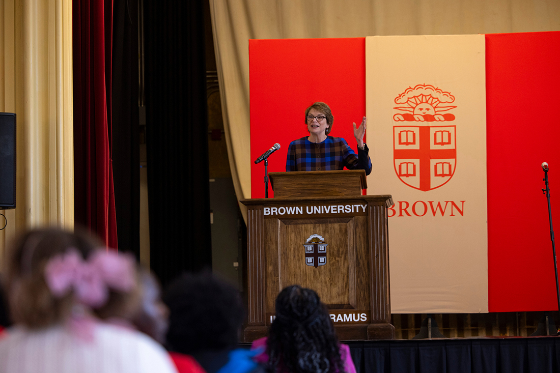 Brown President Christina Paxson welcomes students during the morning ceremony. 