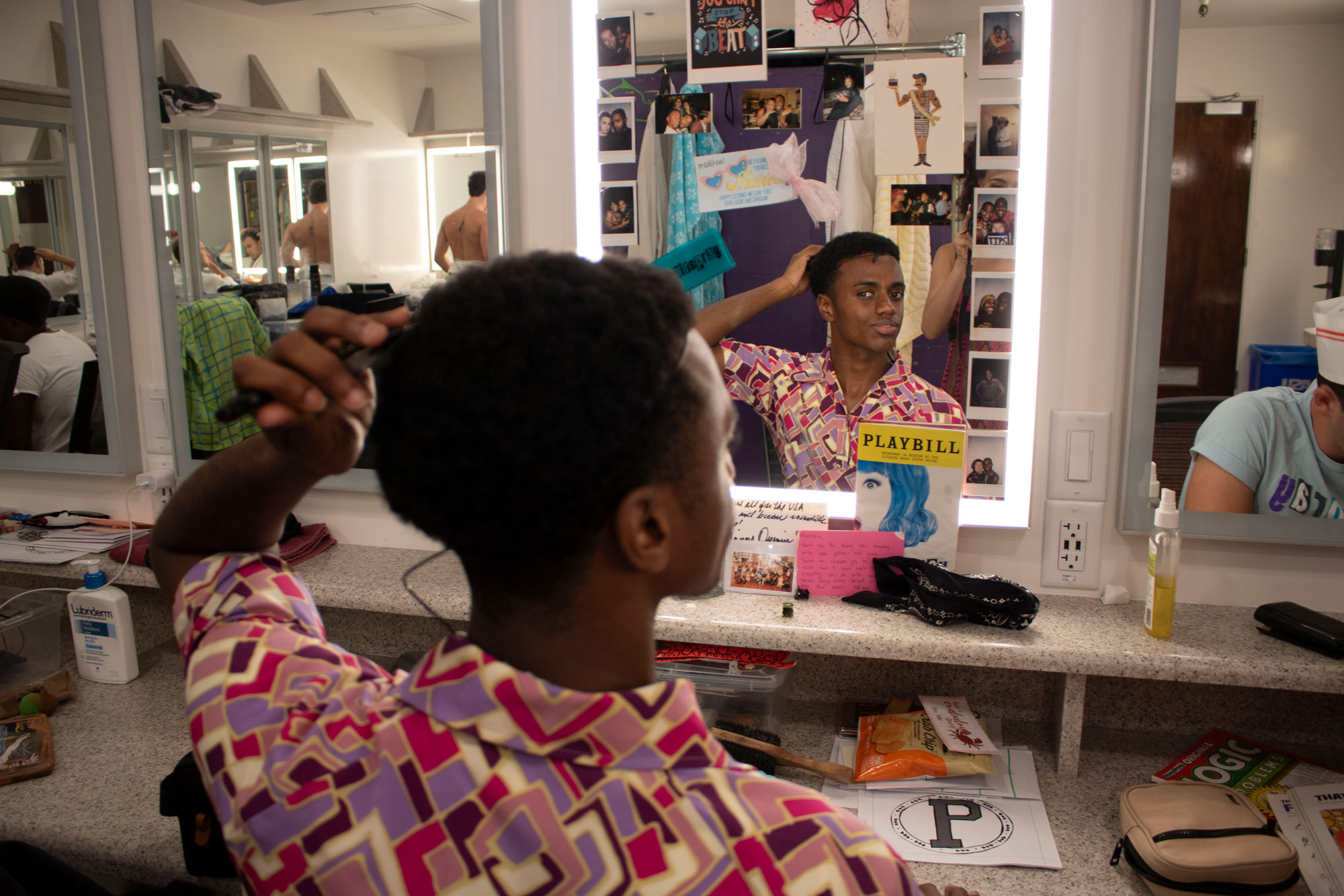 Kyle Kavully in the Hairspray dressing room