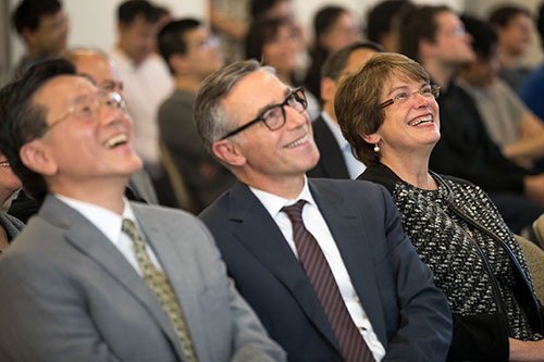 Gang Xiao, Provost Richard Locke and President Christina Paxson 