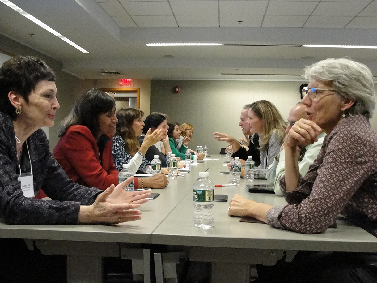 Side perspective of researchers sitting across from each other at a long table