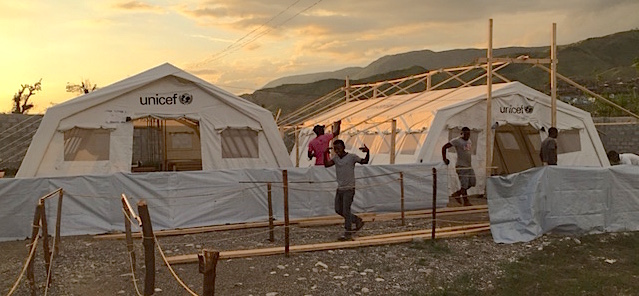 Unicef tents in rural Haiti at sunset