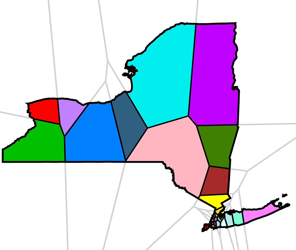 Map of NY with districts evenly divided