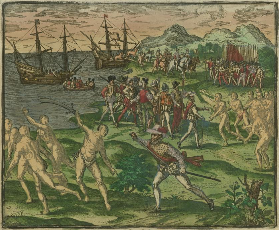 An image from 1595 depicting conflict between Native Americans in Mexico and Spanish colonists led by Francisco de Montejo.