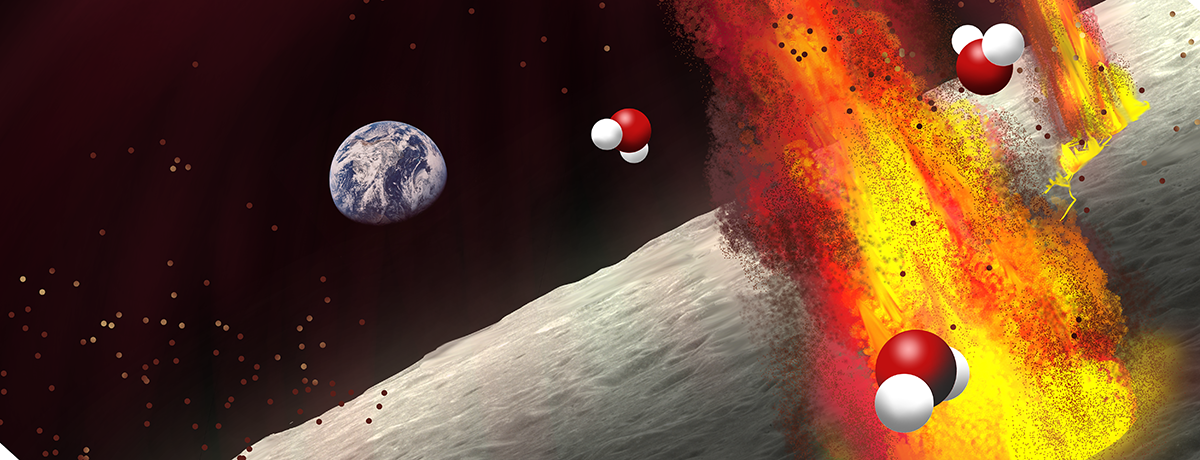Depiction of water molecules in space magma