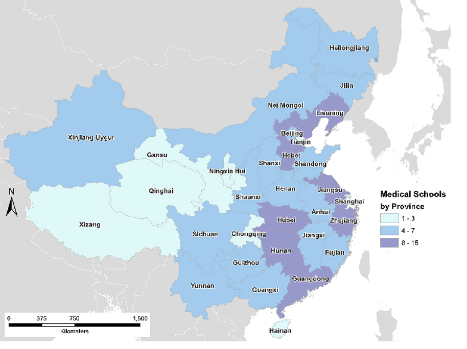 Map of medical schools in China