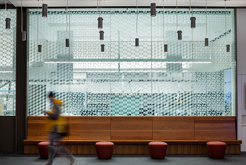 A glass wall with etched patterns 