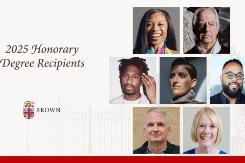 Collage of 7 people with text that says 2025 honorary degree recipients Brown