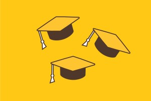 Yellow graphic with three graduation caps