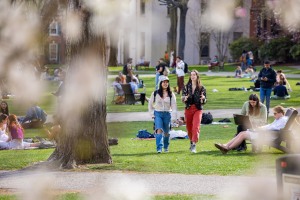 Students gather, relax and study on the College Green