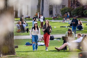 Two students walk and talk on the busy College Green