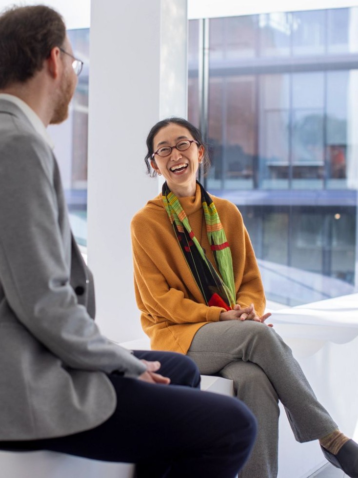 Sawako Nakayasu talking to Eric Nathan inside the Lindemann Performing Arts Center