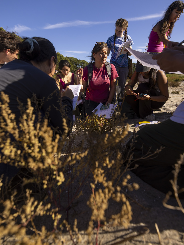 RI Flora class gathered around instructor on the beach