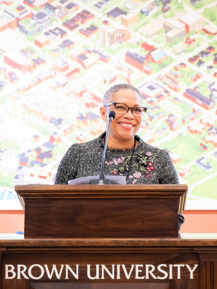 Vanessa Britto speaks at a ceremony in the new welcome center