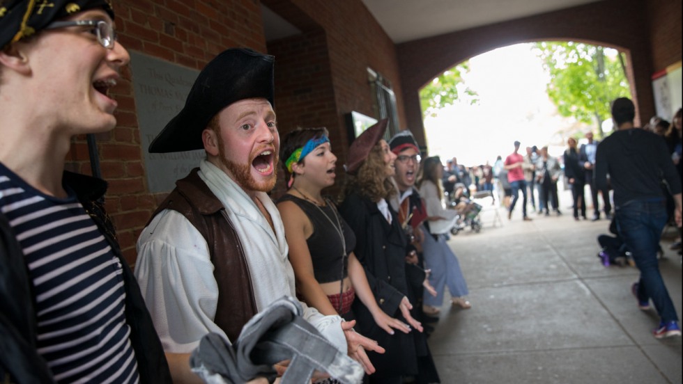 Pirate singing under Faunce Arch