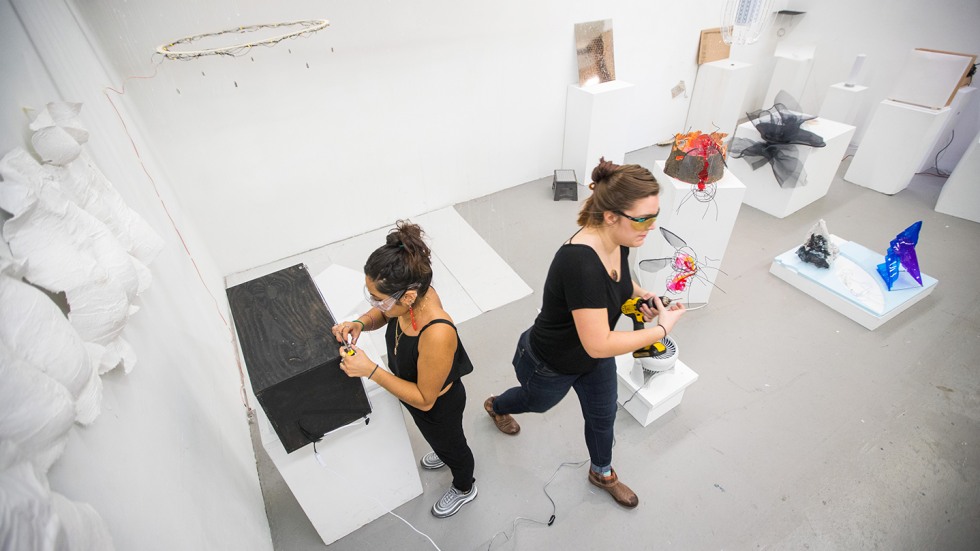 Leslie Benavides and Ivy Brenneman working in the gallery