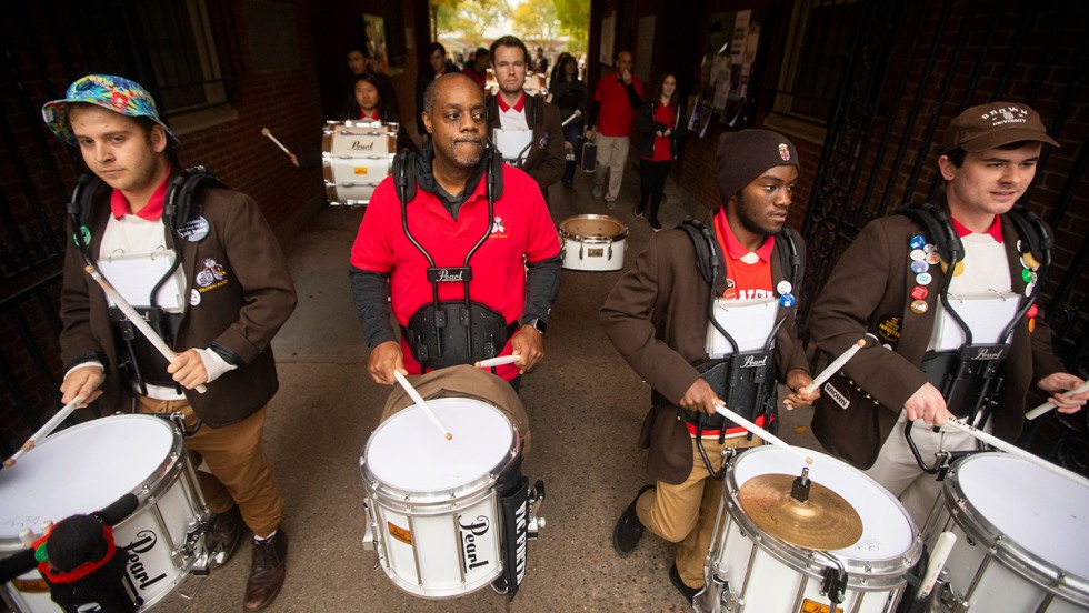 Drummers in Brown gear marching