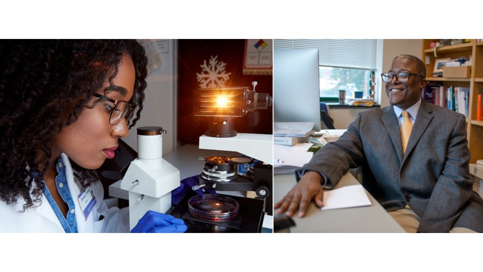 Jessica Tolbert looking into microscope; professor Jason Sello sitting at desk