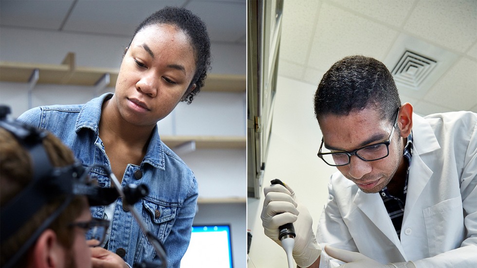 Micah Holness working with research participant; Andrés Martínez-Muñiz working in lab