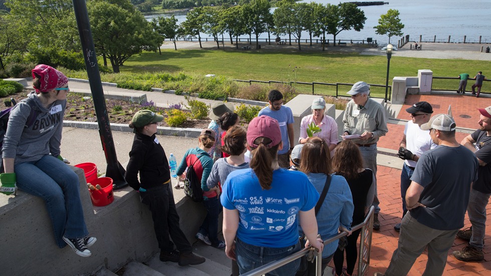 Volunteers gathering in India Point Park