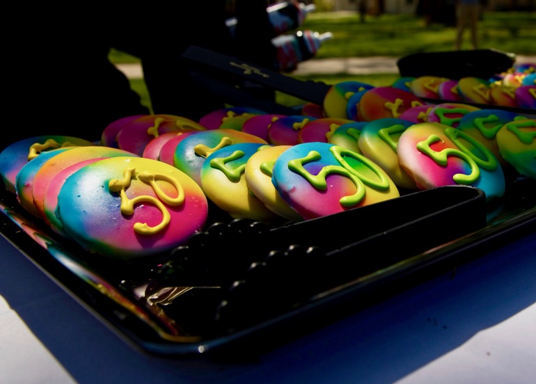 Tie-dye cookies with a 50 on them