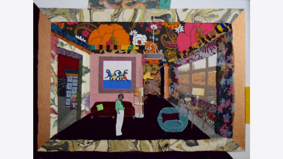 Collage depicting person in green shirt standing in room with chair, couch, art on the wall, and windows