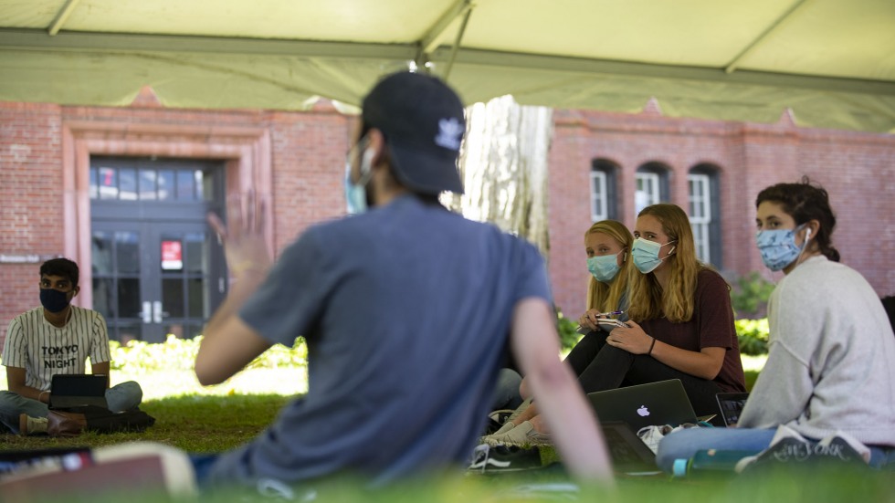 Brown University students attend an outdoor class in Fall 2020