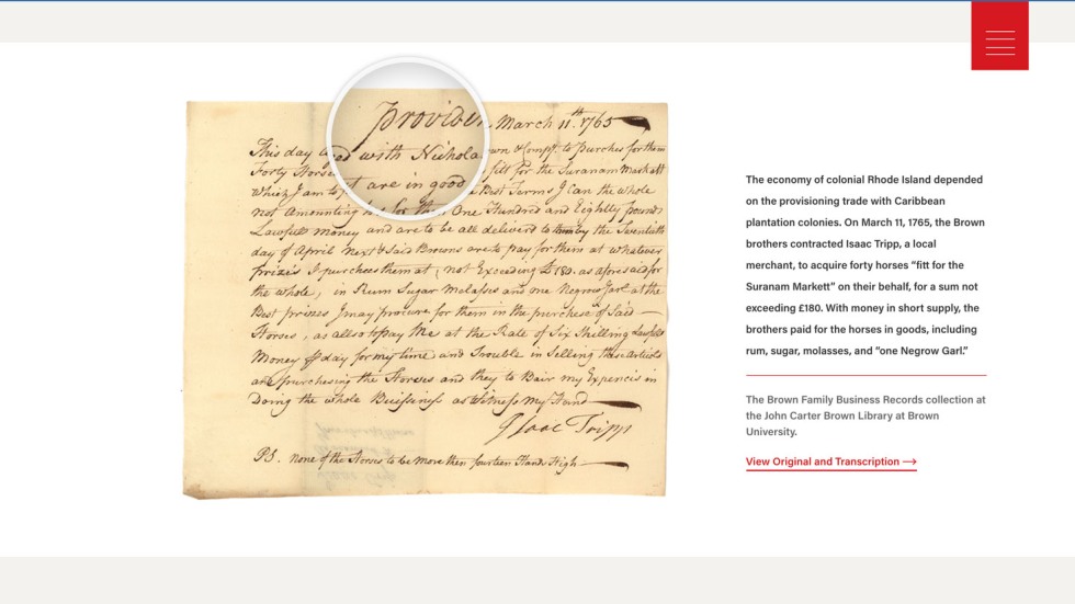 screenshot of a website with a historical document under a magnifying glass