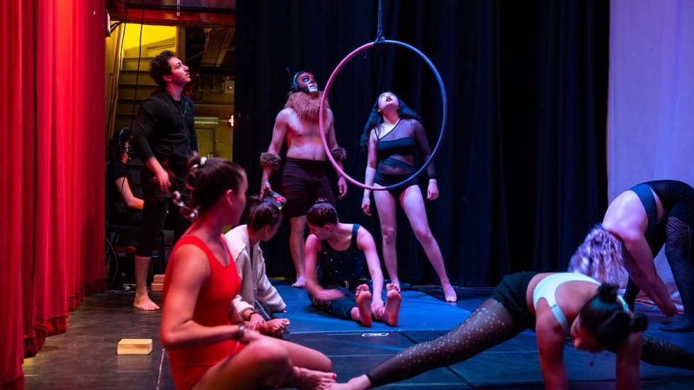 students looking up at a ceiling while stretching below a lyra hoop