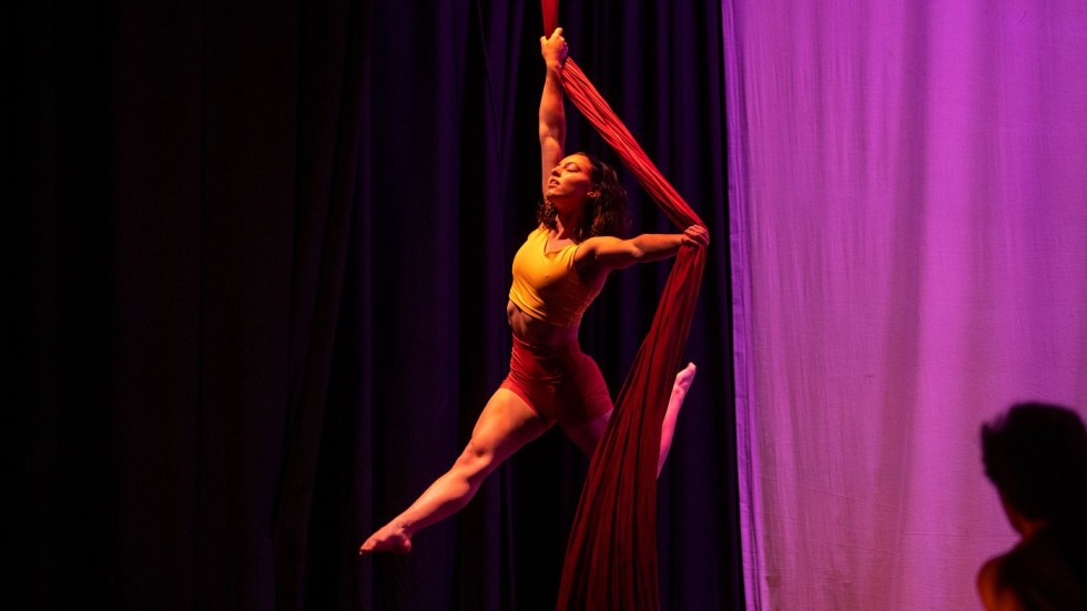 woman hanging from aerial silks