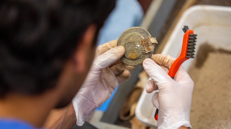 student cleaning an archaeological artifact with a toothbrush