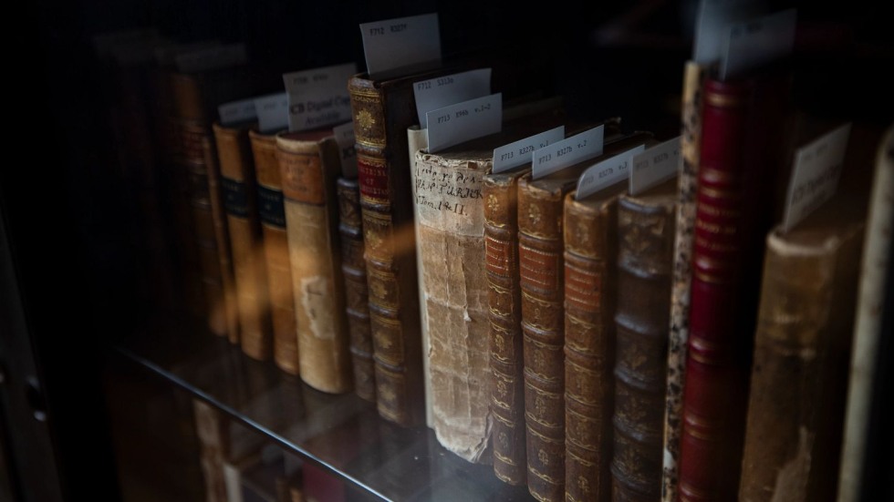 closeup of antique books in the John Carter Brown Library